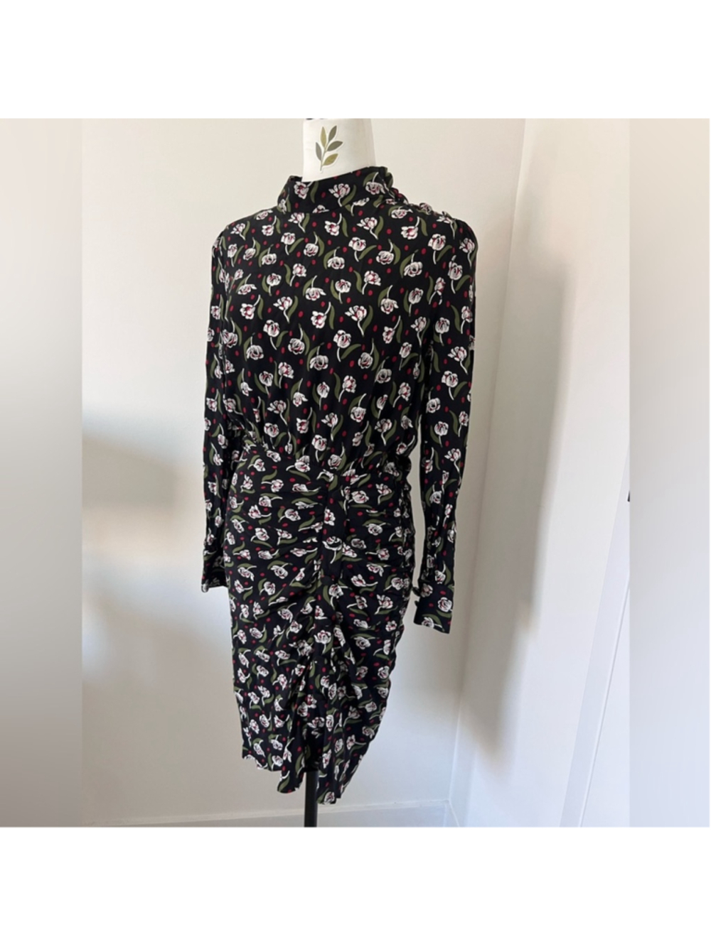 Veronica Beard Cadence floral Ruched Midi Dress High Neck Long Sleeve Black S - Picture 2 of 12